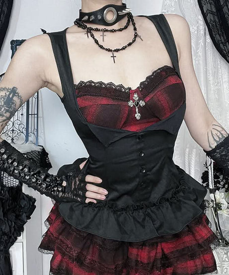 Gothic Blue Plaid Corset Top | Edgy Fall & Halloween Ruffle Bustier