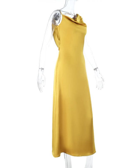 Golden Hour Glamour: Cowl Neck Satin Maxi Dress - Perfect for Fall & Holiday Soirées