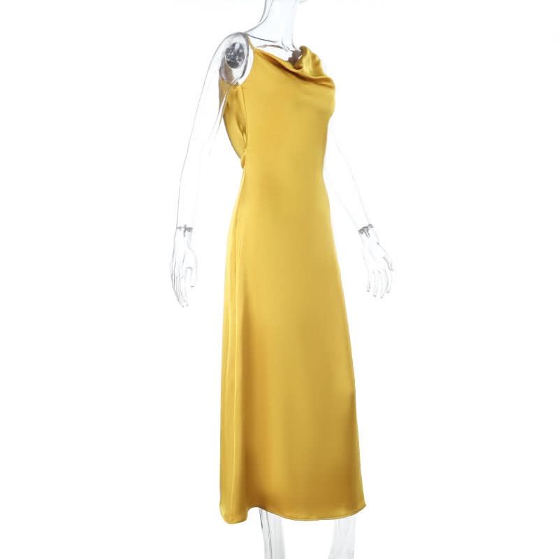 Golden Hour Glamour: Cowl Neck Satin Maxi Dress - Perfect for Fall & Holiday Soirées