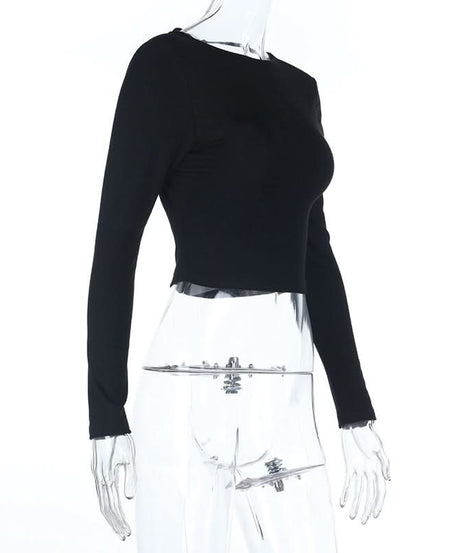 Fall Essential: Chic Black Long Sleeve Crewneck Crop Top with Self-Tie Backless Design