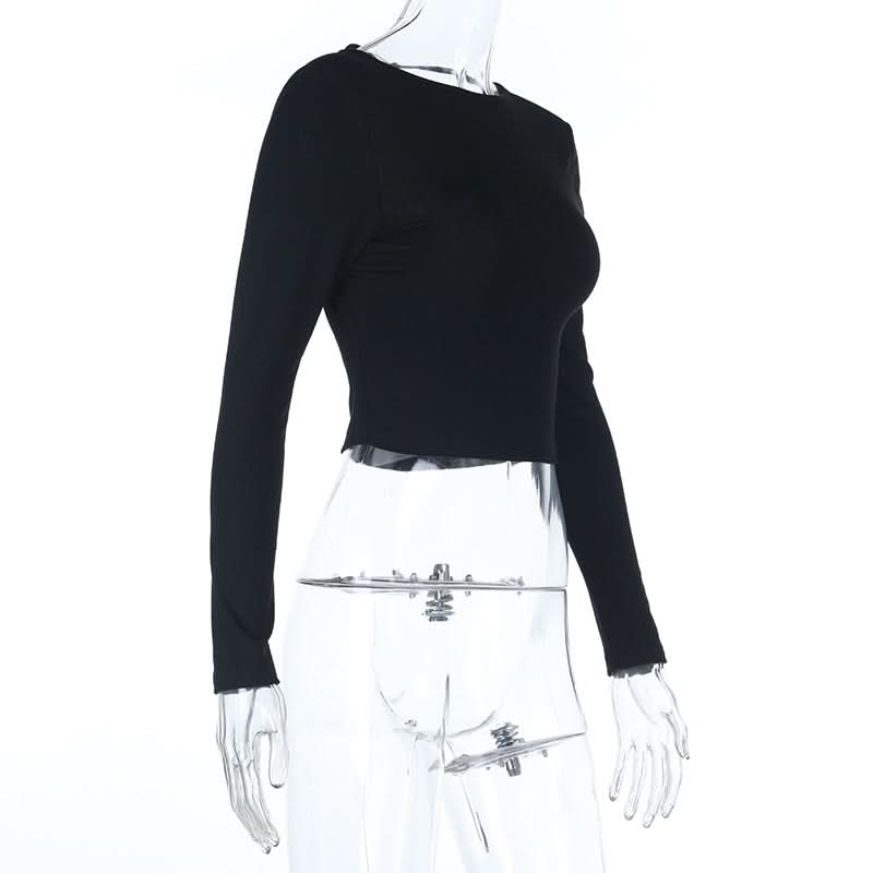 Fall Essential: Chic Black Long Sleeve Crewneck Crop Top with Self-Tie Backless Design