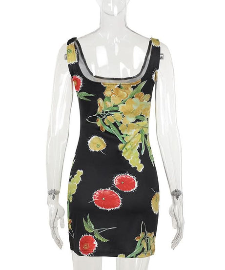 Chic Autumn Bloom Backless Mini Dress - Square Neck Floral Bodycon for Women