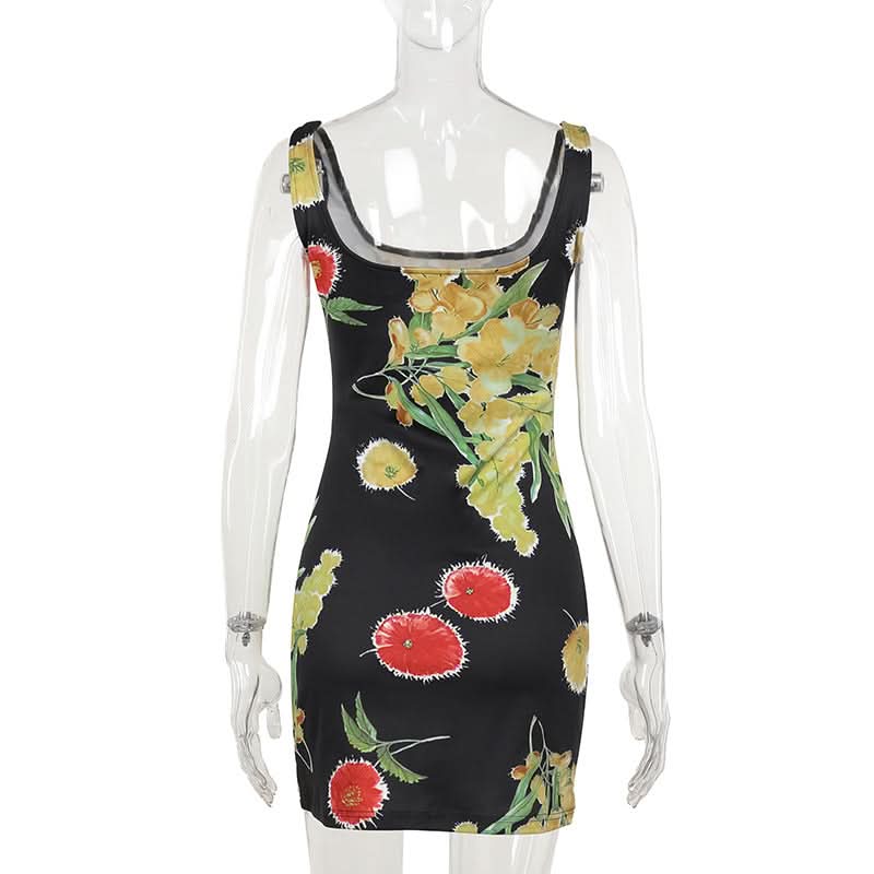 Chic Autumn Bloom Backless Mini Dress - Square Neck Floral Bodycon for Women