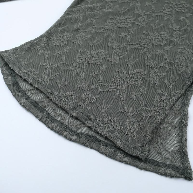 Fall Elegance: Chic Grey Sheer Lace Asymmetric Long Sleeve Top for Women