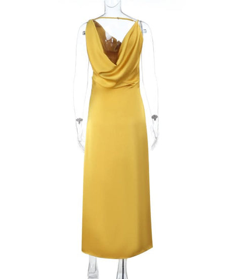 Golden Hour Glamour: Cowl Neck Satin Maxi Dress - Perfect for Fall & Holiday Soirées