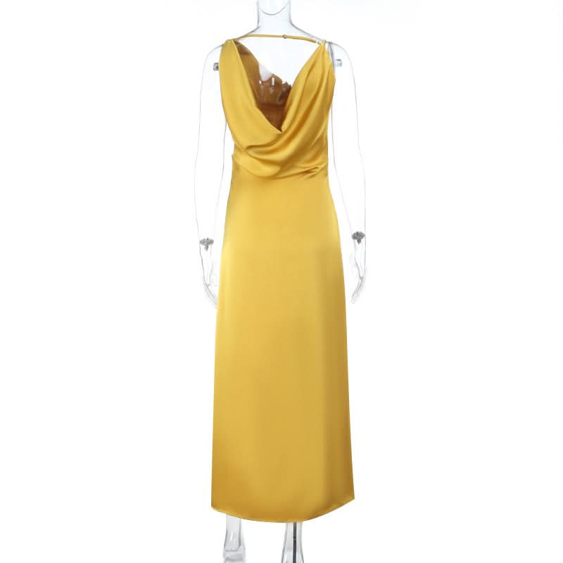 Golden Hour Glamour: Cowl Neck Satin Maxi Dress - Perfect for Fall & Holiday Soirées