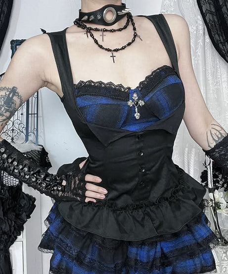Gothic Blue Plaid Corset Top | Edgy Fall & Halloween Ruffle Bustier