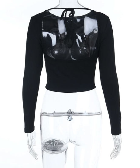 Fall Essential: Chic Black Long Sleeve Crewneck Crop Top with Self-Tie Backless Design