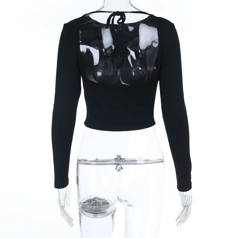 Fall Essential: Chic Black Long Sleeve Crewneck Crop Top with Self-Tie Backless Design