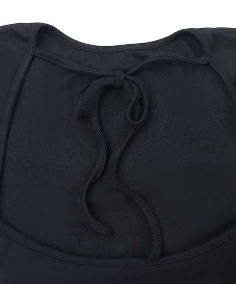 Fall Essential: Chic Black Long Sleeve Crewneck Crop Top with Self-Tie Backless Design