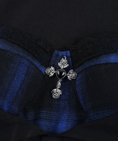 Gothic Blue Plaid Corset Top | Edgy Fall & Halloween Ruffle Bustier