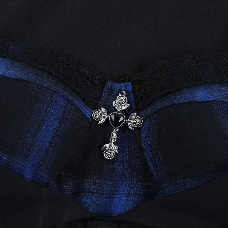 Gothic Blue Plaid Corset Top | Edgy Fall & Halloween Ruffle Bustier