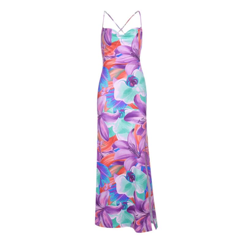 Tropical Bloom Cowl Neck Maxi Dress with Cross Back & Slit | Your Fall Getaway & Resort Essential