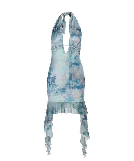 Mystic Waters Halter Mini Dress - Abstract Aqua Print with Cascading Ruffles