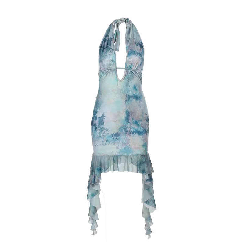 Mystic Waters Halter Mini Dress - Abstract Aqua Print with Cascading Ruffles