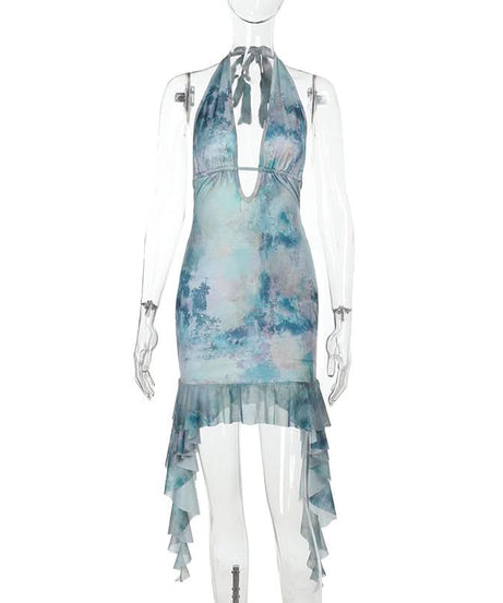 Mystic Waters Halter Mini Dress - Abstract Aqua Print with Cascading Ruffles