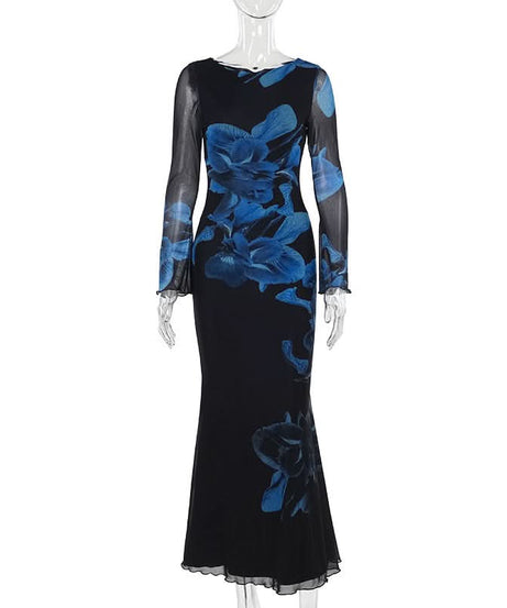 Enchanting Cobalt Floral Mesh Maxi Dress - Your Statement Piece for Fall & Holiday Galas
