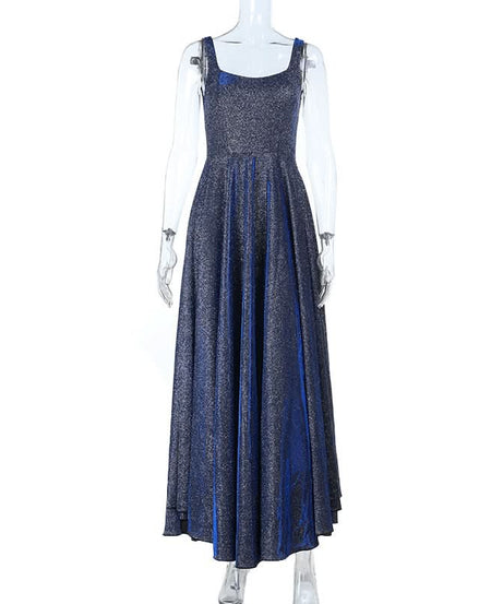 Radiant Midnight Blue Sparkle Maxi Dress | Backless A-Line Gown for Holiday Parties & NYE