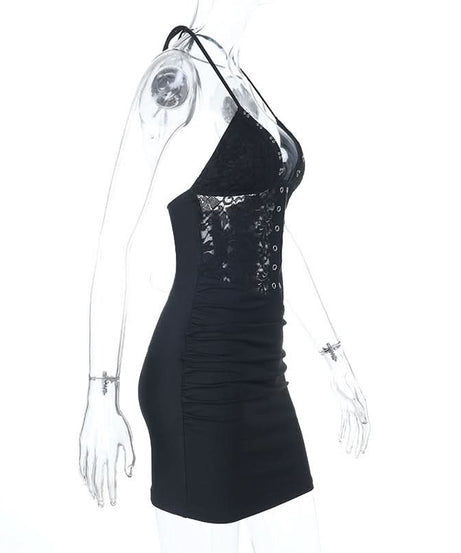 Siren Chic: Black Lace Halter Mini Dress with Corset Details – Your Go-To for Fall Nights & Party Season