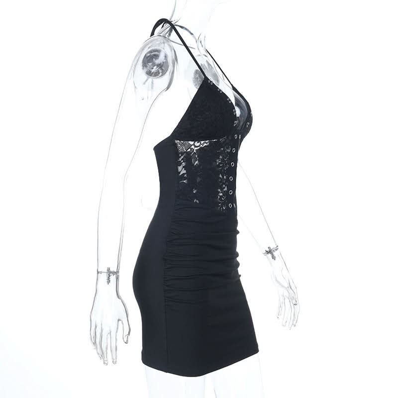 Siren Chic: Black Lace Halter Mini Dress with Corset Details – Your Go-To for Fall Nights & Party Season