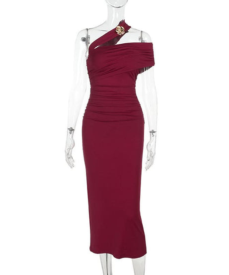 Glamorous Wine Red One-Shoulder Ruched Midi Dress - Perfect for Fall & Holiday Parties