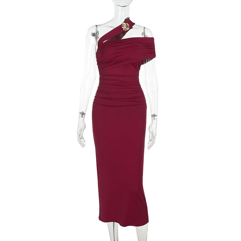 Glamorous Wine Red One-Shoulder Ruched Midi Dress - Perfect for Fall & Holiday Parties