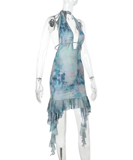 Mystic Waters Halter Mini Dress - Abstract Aqua Print with Cascading Ruffles