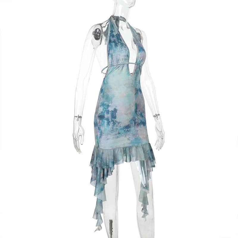 Mystic Waters Halter Mini Dress - Abstract Aqua Print with Cascading Ruffles