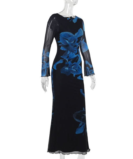 Enchanting Cobalt Floral Mesh Maxi Dress - Your Statement Piece for Fall & Holiday Galas