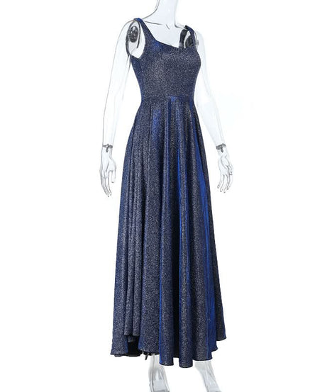Radiant Midnight Blue Sparkle Maxi Dress | Backless A-Line Gown for Holiday Parties & NYE