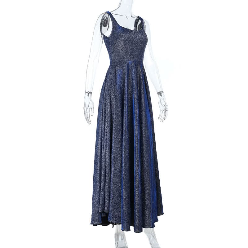 Radiant Midnight Blue Sparkle Maxi Dress | Backless A-Line Gown for Holiday Parties & NYE