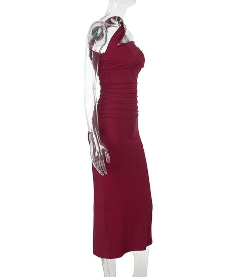 Glamorous Wine Red One-Shoulder Ruched Midi Dress - Perfect for Fall & Holiday Parties