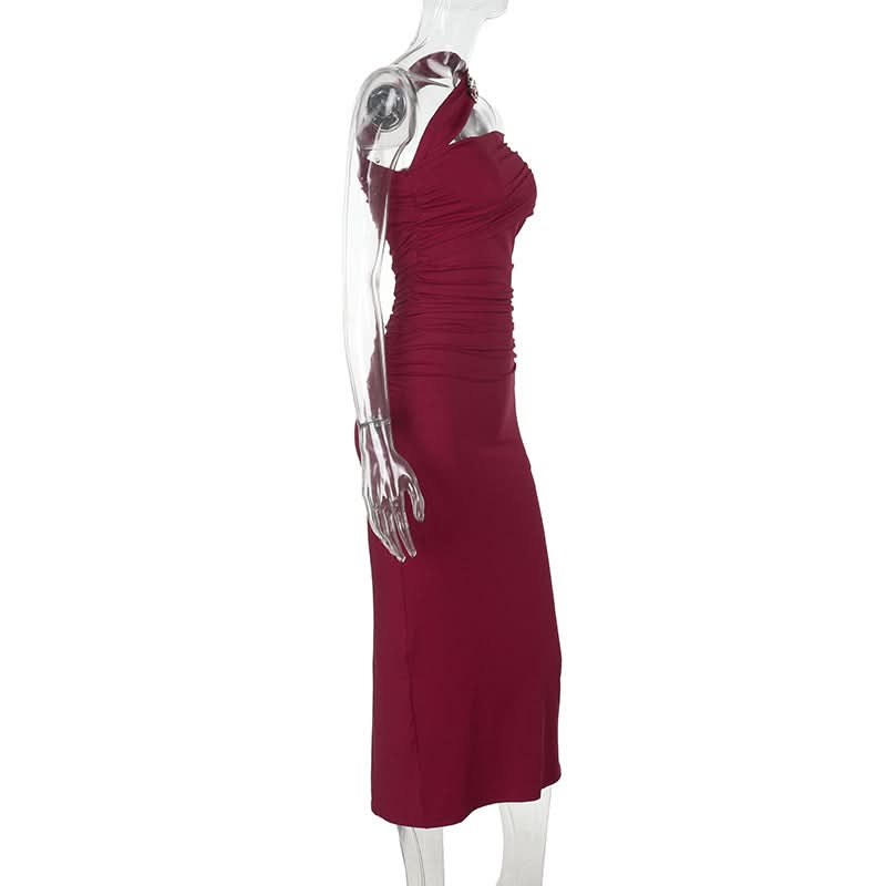 Glamorous Wine Red One-Shoulder Ruched Midi Dress - Perfect for Fall & Holiday Parties