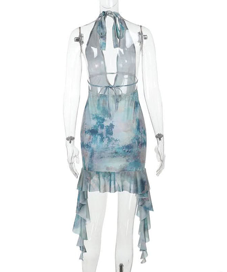 Mystic Waters Halter Mini Dress - Abstract Aqua Print with Cascading Ruffles