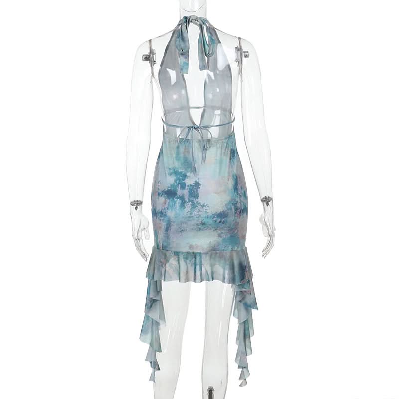 Mystic Waters Halter Mini Dress - Abstract Aqua Print with Cascading Ruffles