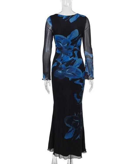 Enchanting Cobalt Floral Mesh Maxi Dress - Your Statement Piece for Fall & Holiday Galas
