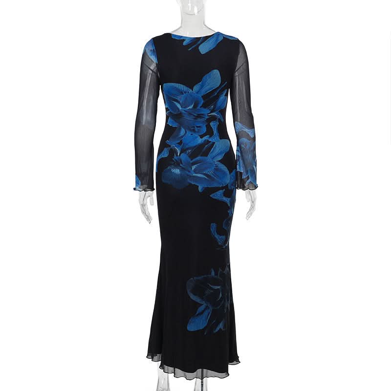 Enchanting Cobalt Floral Mesh Maxi Dress - Your Statement Piece for Fall & Holiday Galas