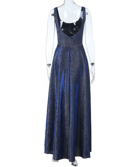 Radiant Midnight Blue Sparkle Maxi Dress | Backless A-Line Gown for Holiday Parties & NYE