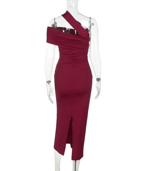 Glamorous Wine Red One-Shoulder Ruched Midi Dress - Perfect for Fall & Holiday Parties