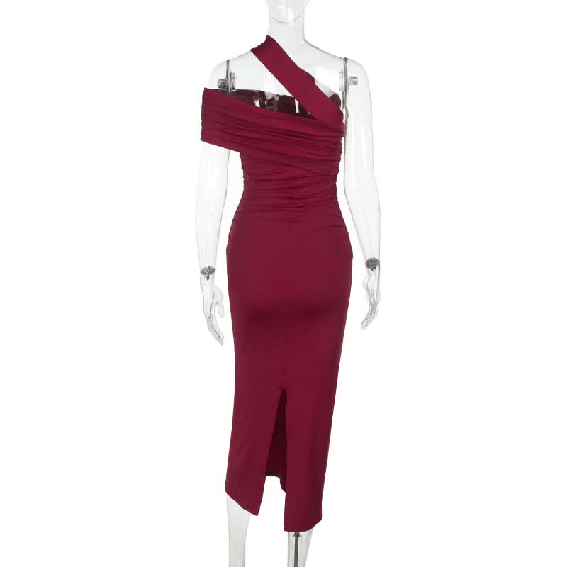 Glamorous Wine Red One-Shoulder Ruched Midi Dress - Perfect for Fall & Holiday Parties