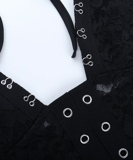 Siren Chic: Black Lace Halter Mini Dress with Corset Details – Your Go-To for Fall Nights & Party Season