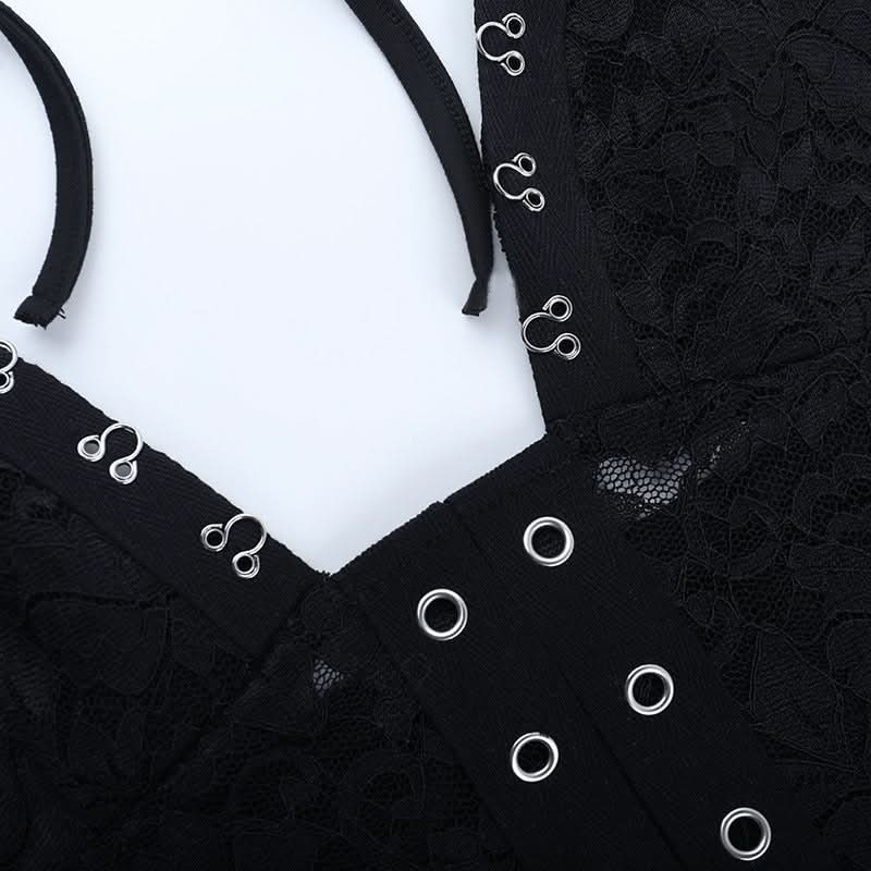 Siren Chic: Black Lace Halter Mini Dress with Corset Details – Your Go-To for Fall Nights & Party Season