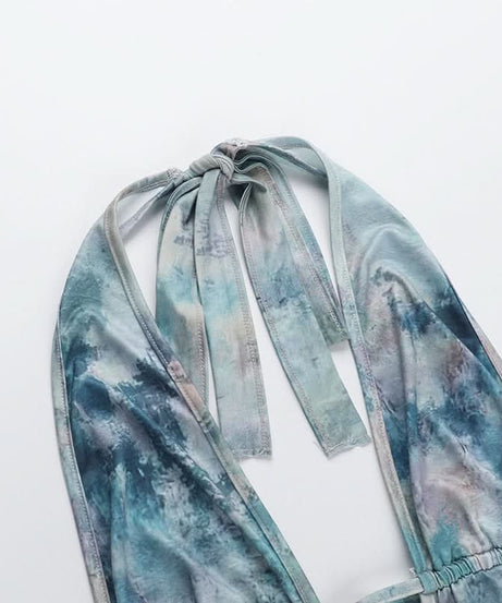 Mystic Waters Halter Mini Dress - Abstract Aqua Print with Cascading Ruffles