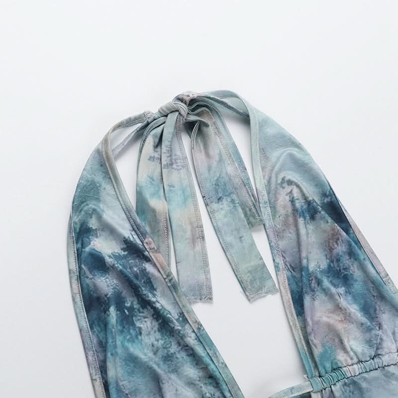 Mystic Waters Halter Mini Dress - Abstract Aqua Print with Cascading Ruffles