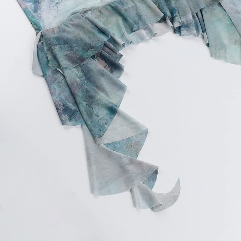 Mystic Waters Halter Mini Dress - Abstract Aqua Print with Cascading Ruffles