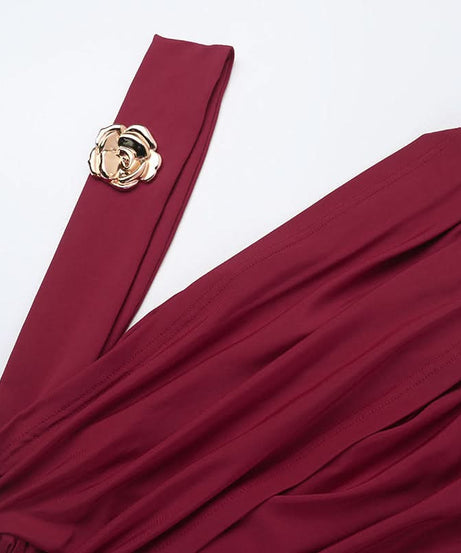 Glamorous Wine Red One-Shoulder Ruched Midi Dress - Perfect for Fall & Holiday Parties