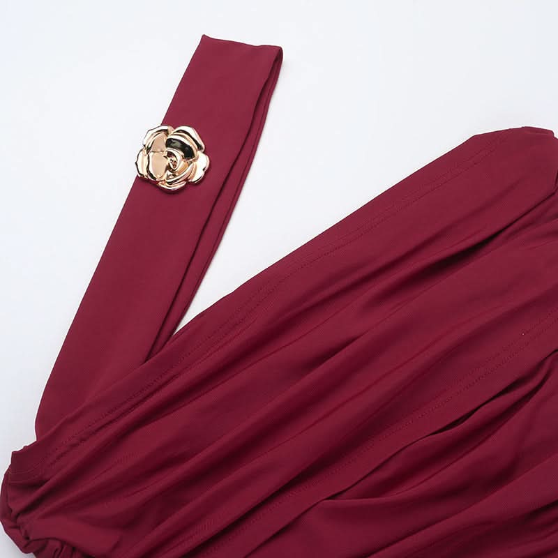 Glamorous Wine Red One-Shoulder Ruched Midi Dress - Perfect for Fall & Holiday Parties