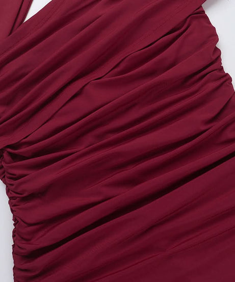 Glamorous Wine Red One-Shoulder Ruched Midi Dress - Perfect for Fall & Holiday Parties