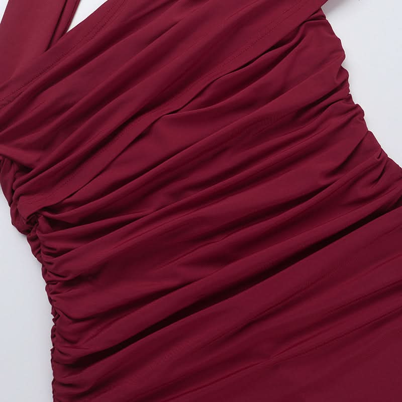 Glamorous Wine Red One-Shoulder Ruched Midi Dress - Perfect for Fall & Holiday Parties