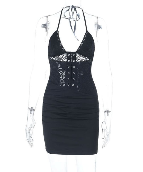 Siren Chic: Black Lace Halter Mini Dress with Corset Details – Your Go-To for Fall Nights & Party Season